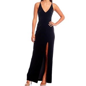Black V-Neck Front Slit Cross Back Strap Dress